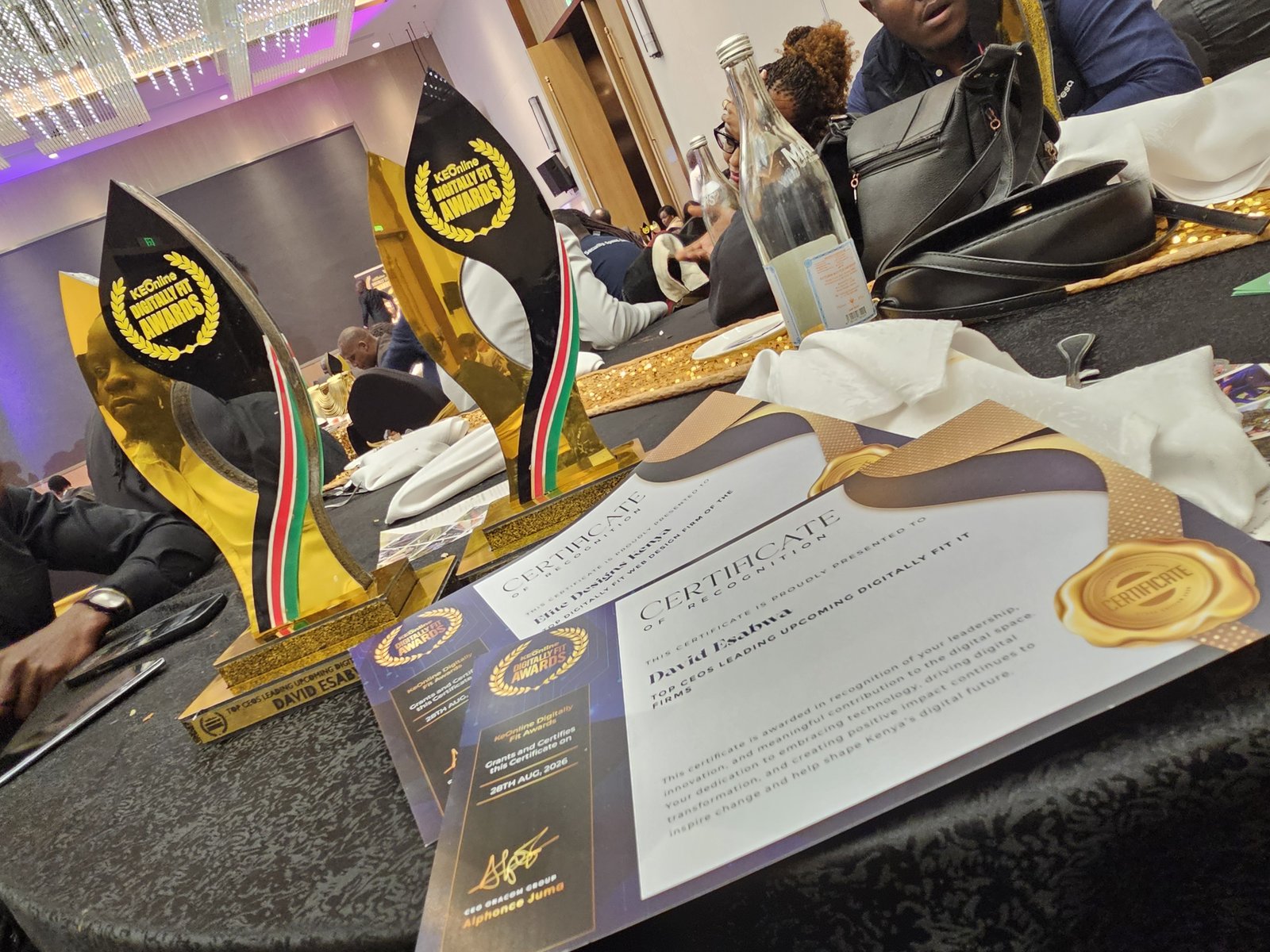 Elite Designs Kenya and David Esabwa's Digitally Fit Awards trophies and certificates